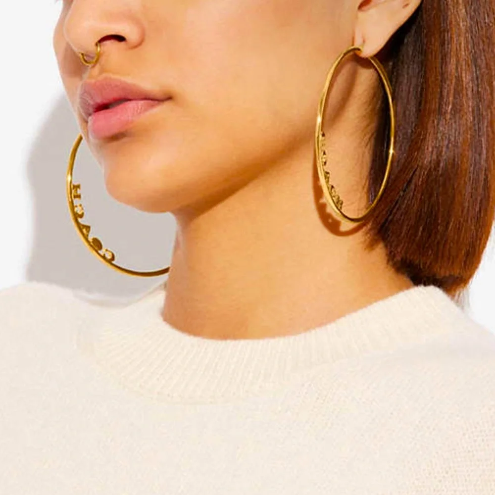 New Coach Signature Medium Large Hoop Earrings Gold with Rhinestone - Picture 3 of 10